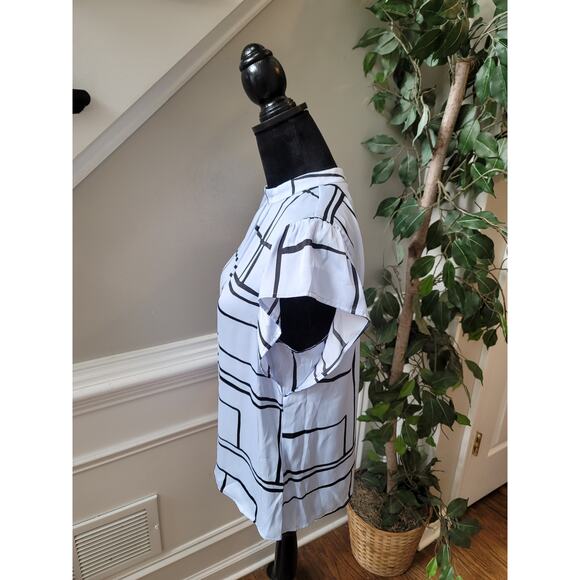 Nine West Blouse Women's Medium White Black Geometric Print Flutter Sleeve Top - Picture 7 of 11